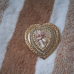 Gold Heart Pearl Brooch with Pink Rose Accent